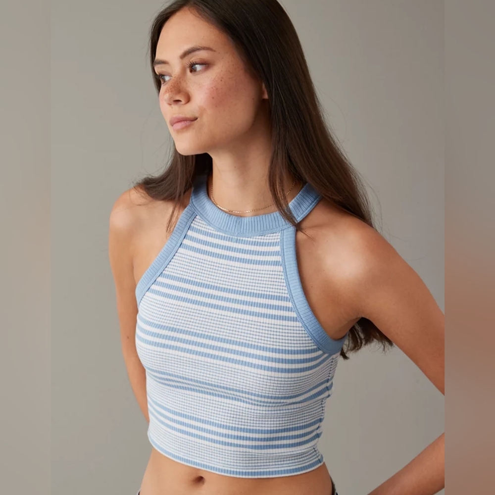 AE American Eagle Cropped High Neck Ribbed Tank Top Medium Blue Striped NWOT
